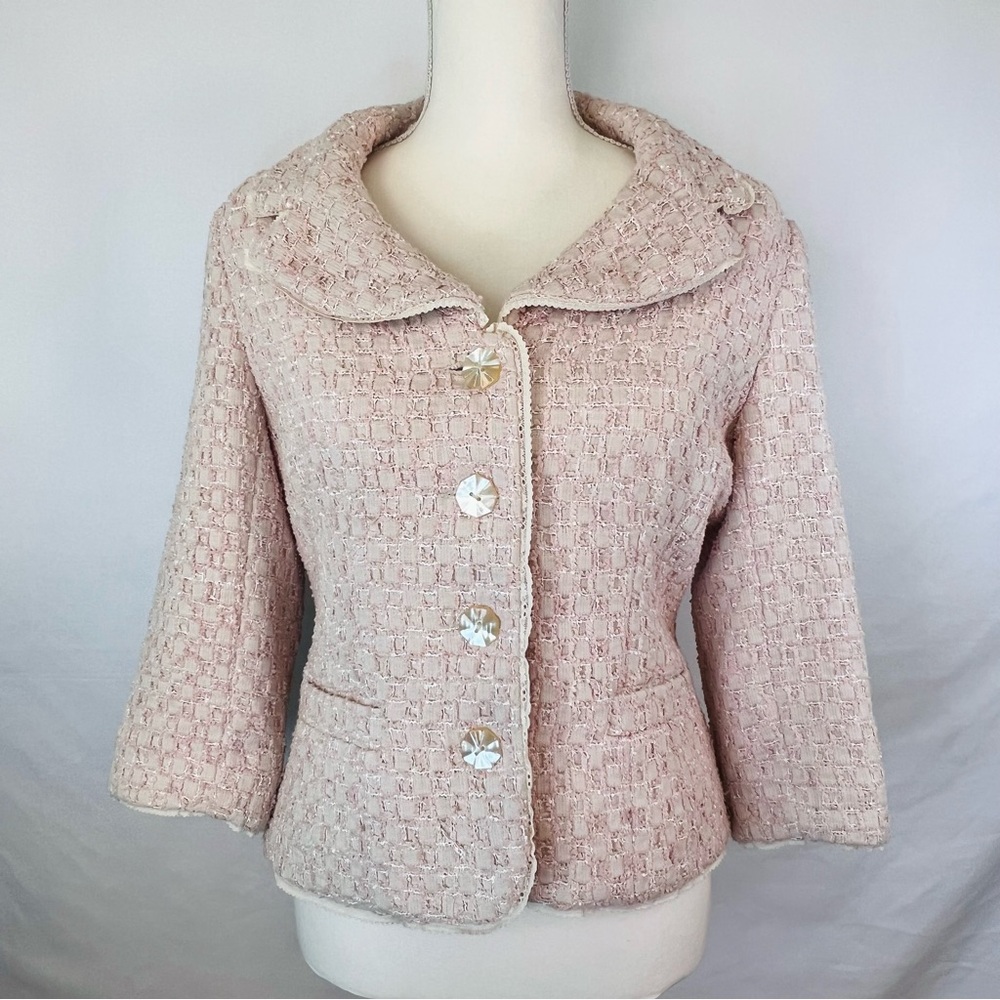 Women's Vintage Tweed Lace Pink Cream Blazer Jacket Size 10 Fundamental Things